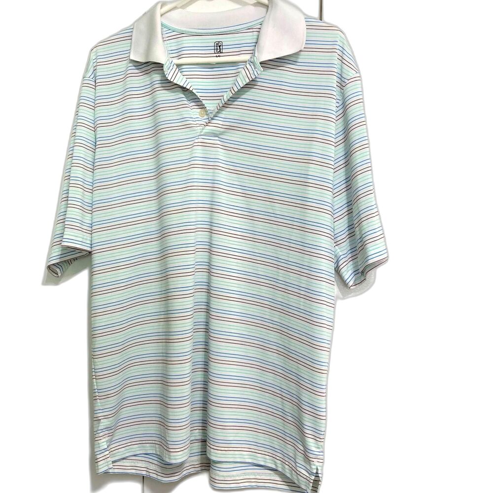 PGA Tour Golf Polo Collared White Rainbow Striped Athleisure Mens Large